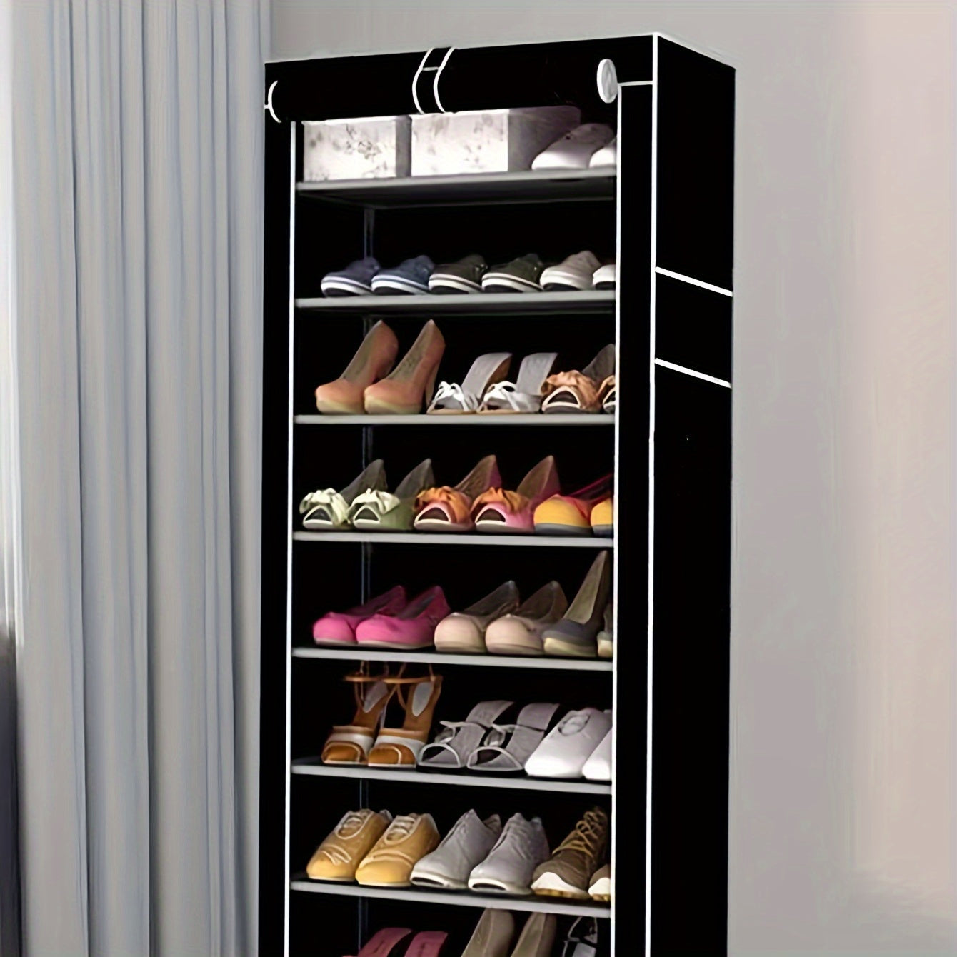 10-Qavatli poyabzal javoni, chang'ga qarshi dizayn, katta sig'im, oson yig'ish, yotoqxona va mehmonxona uchun