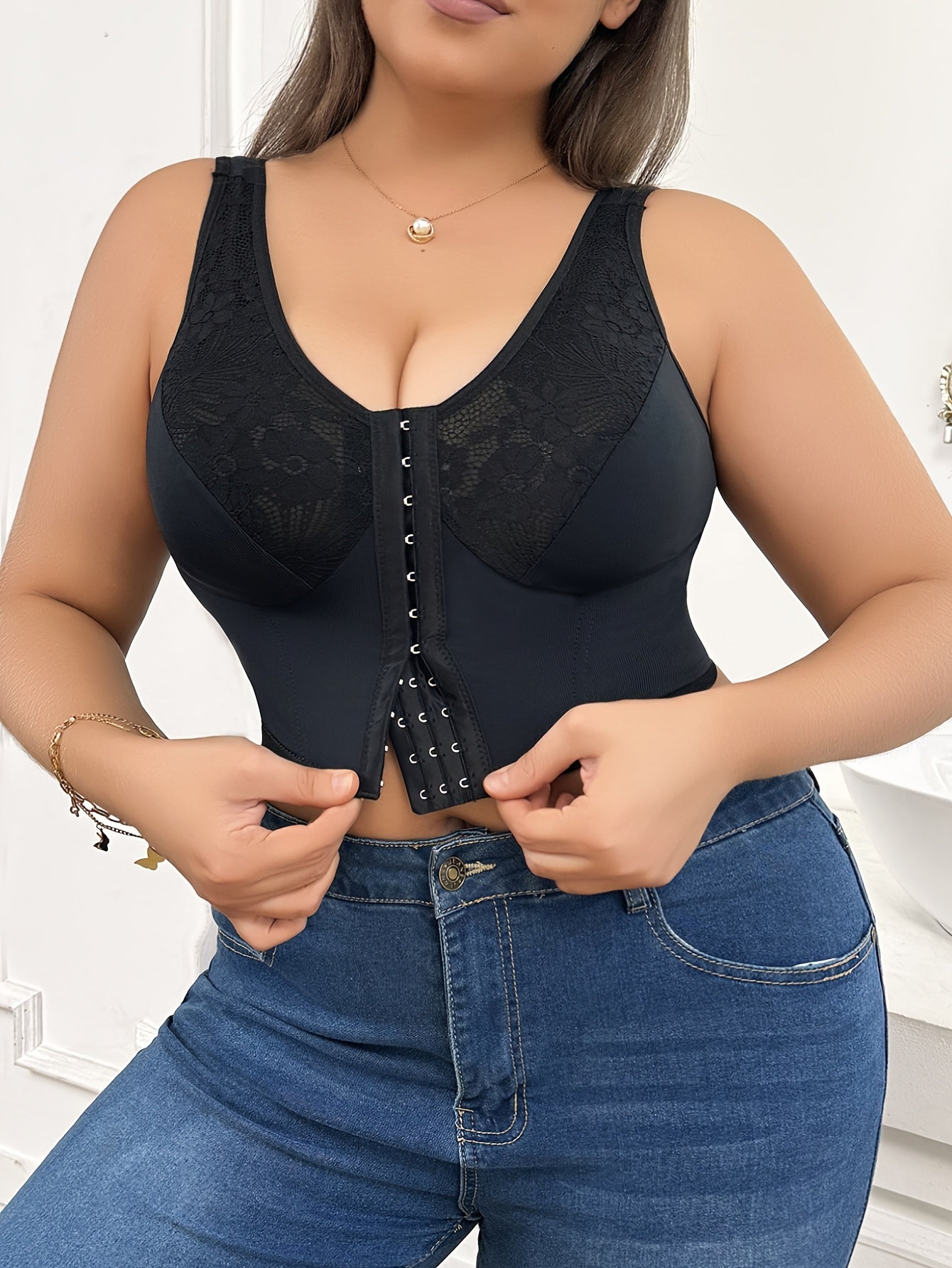 Plus Size Lace Trim Floral Print Front Closure Shaping Bra with Adjustable Straps