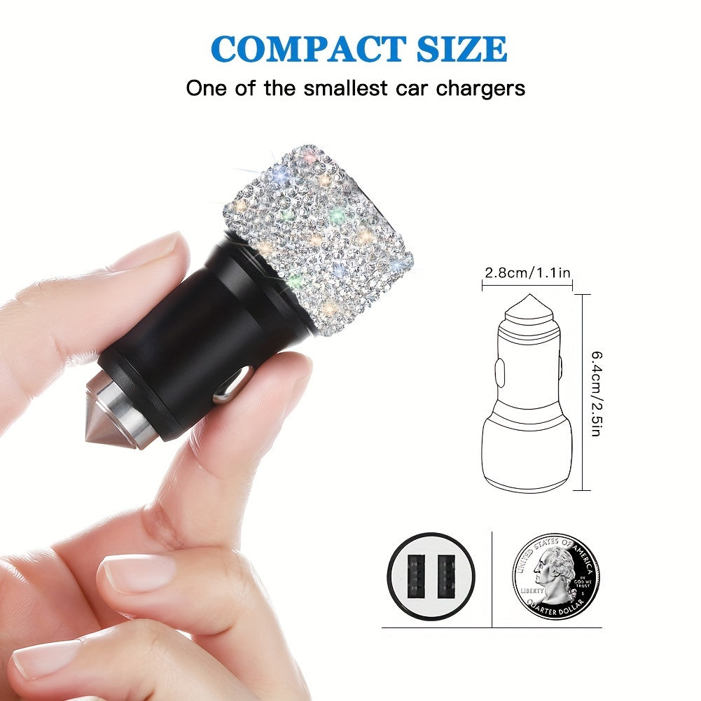 Artificial Diamond Car Charger Dual USB Safety Hammer Interior Decoration