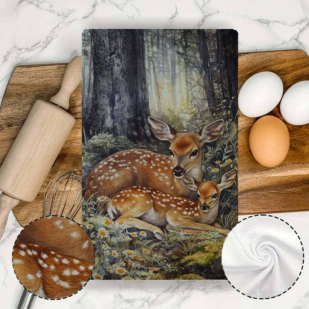 Set of 2 Coastal Style Kitchen Towels, Deer Design, Super Absorbent, 16x24 Inches