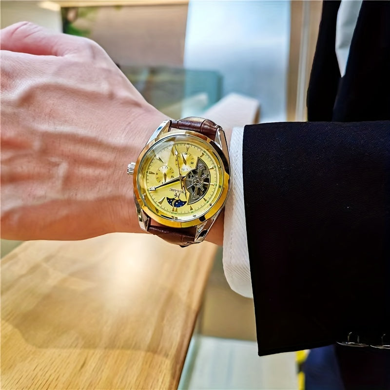 Men's Mechanical Watch with Moon Phase Pointer Semi-Hollow Ball Design Leather Strap