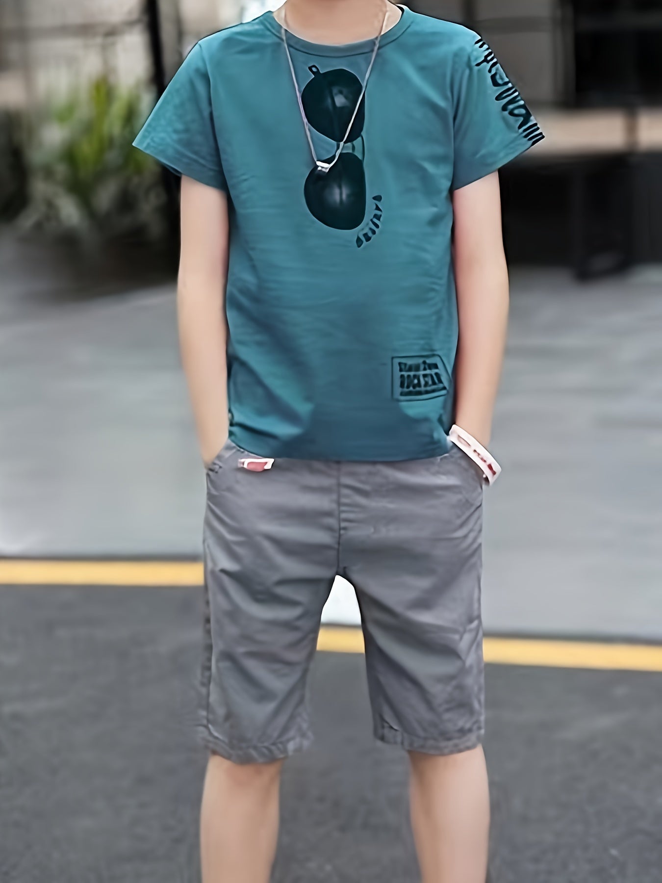 Boys' Summer Two-Piece Set T-Shirt and Shorts with Glasses Print for Kids