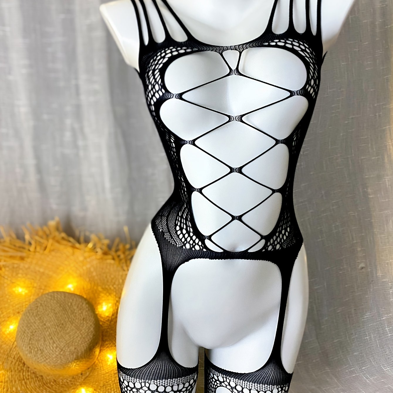 Women's Black and White Lace Bodysuit with Hollow-Out Design and Open Crotch for Festivals and Beachwear
