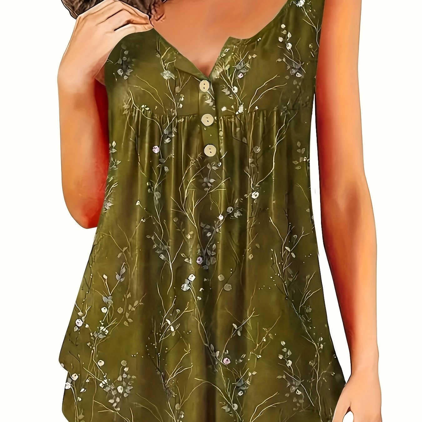 Plus Size Tank Top with Pleats and Button Front for Women