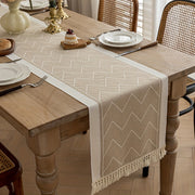Beige Striped Polyester Table Runner with Fringe Tassels for Home and Event Decor