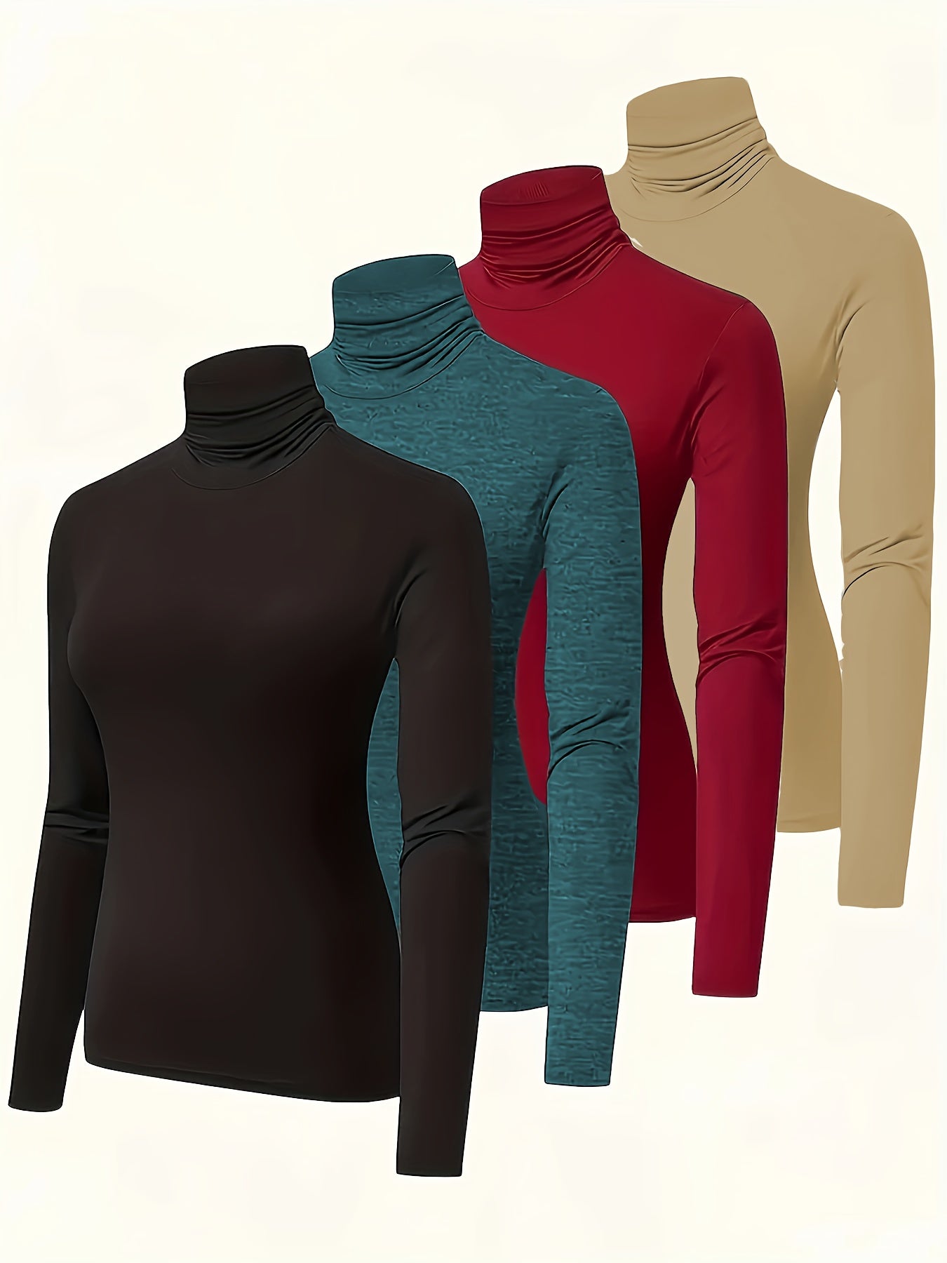 Plus Size Women Solid Color High Neck T-Shirt Long Sleeve Casual Top