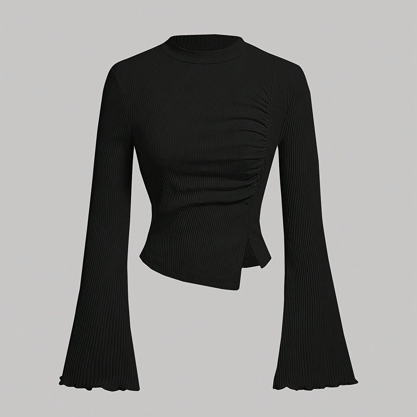 Camiseta de manga campana plisada para mujer con abertura lateral y color sólido