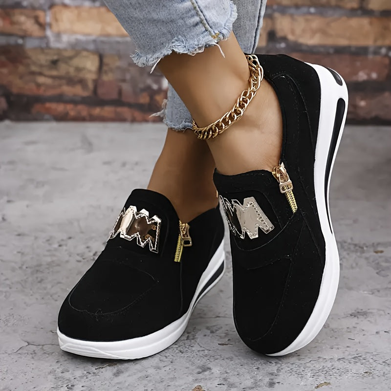 Women's Breathable Low-Top Sneakers with Platform Sole, Zipper, Black & White