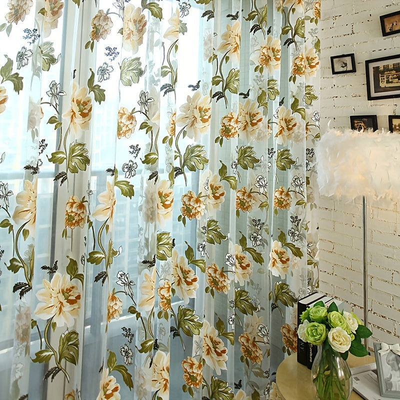 Gul Tulle shaffof pardoz paneli bilan rod pocket bilan binafsha va sariq gullar bilan yashash xonasi uchun dekor