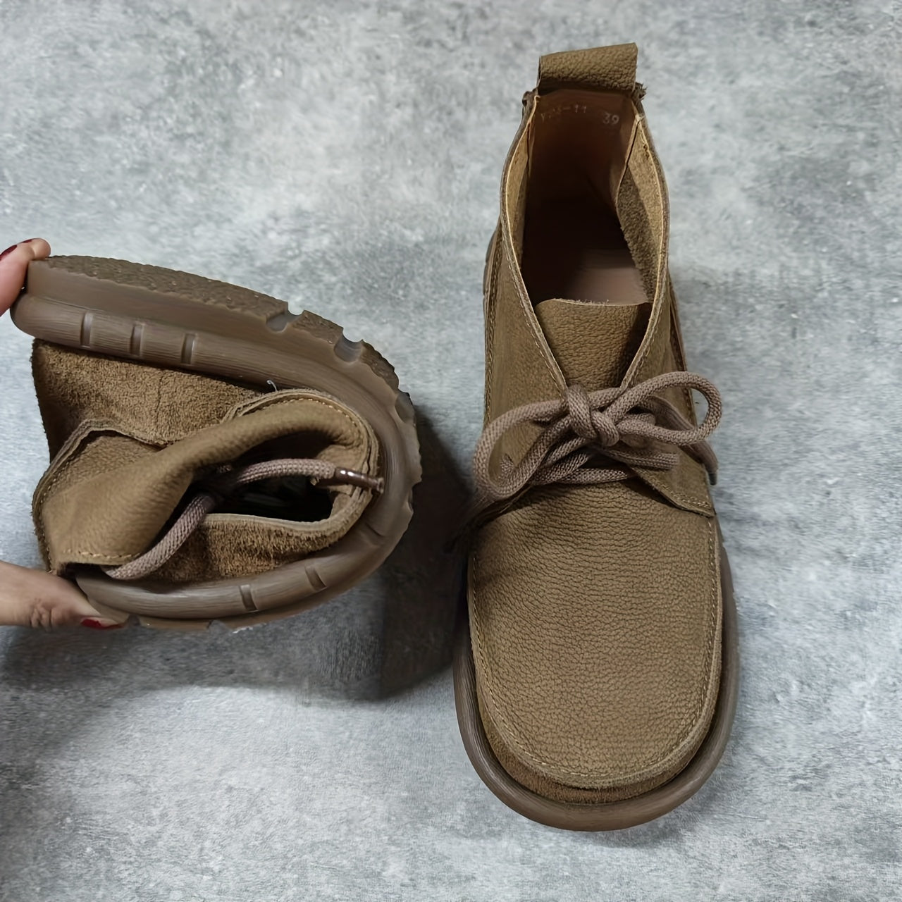 Women Cow Leather Ankle Boots Solid Color Lace-Up Flat Heel All-Season