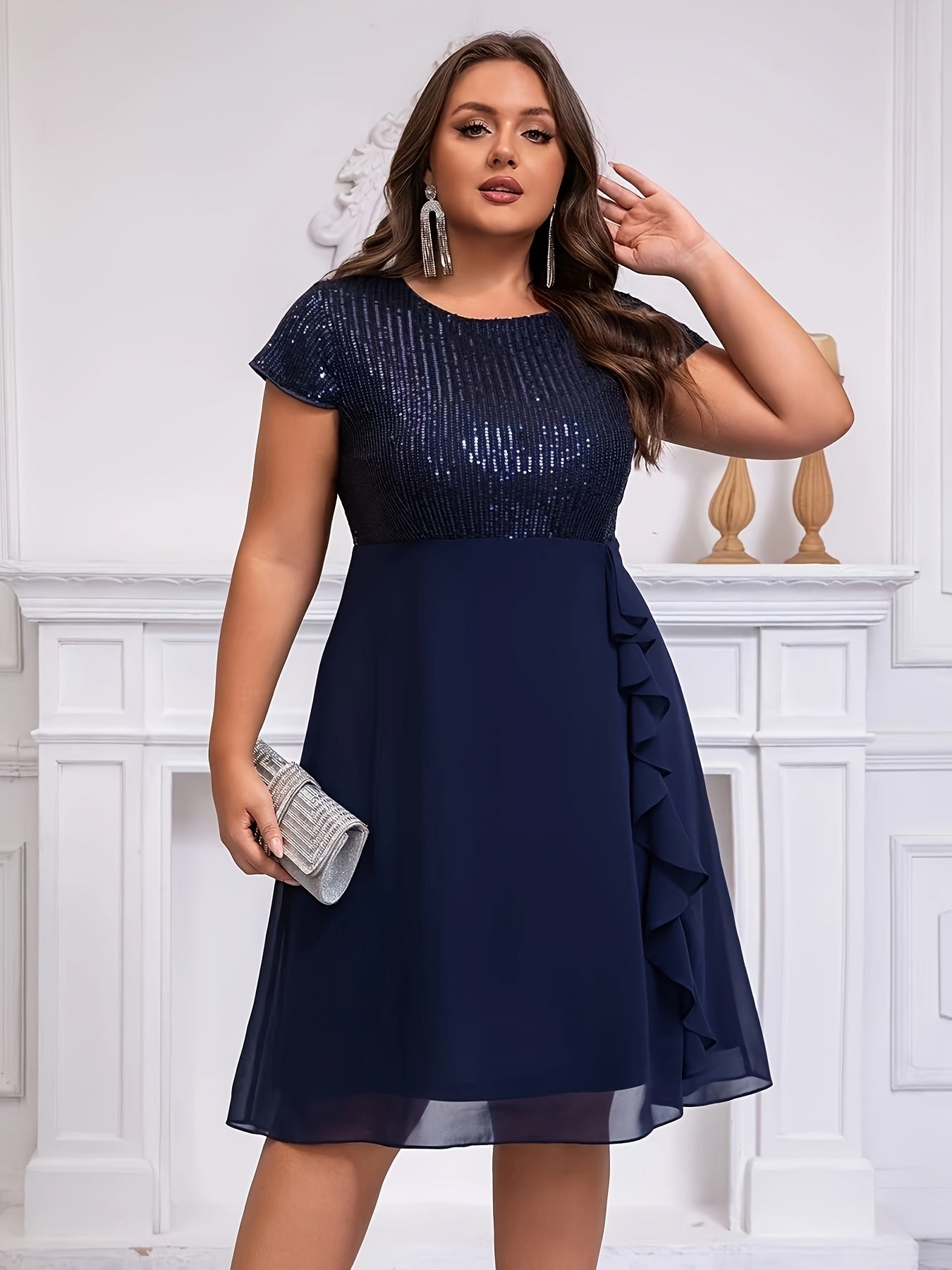 Plus Size Women's Chiffon Dress with Sequin Patchwork