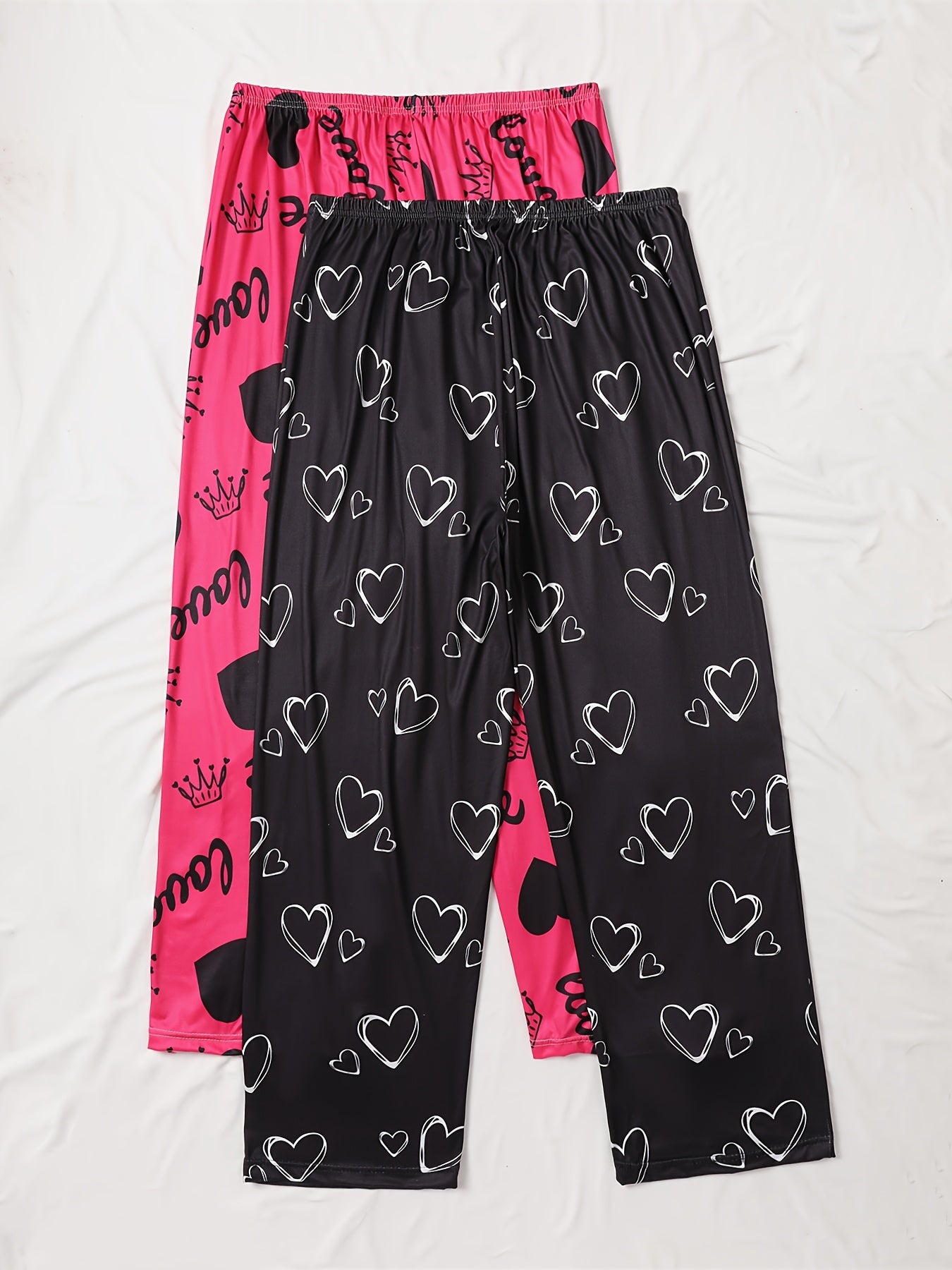 Plus Size Sleep Pants Women All-Season Heart Pattern Knit Fabric with Bow Detail