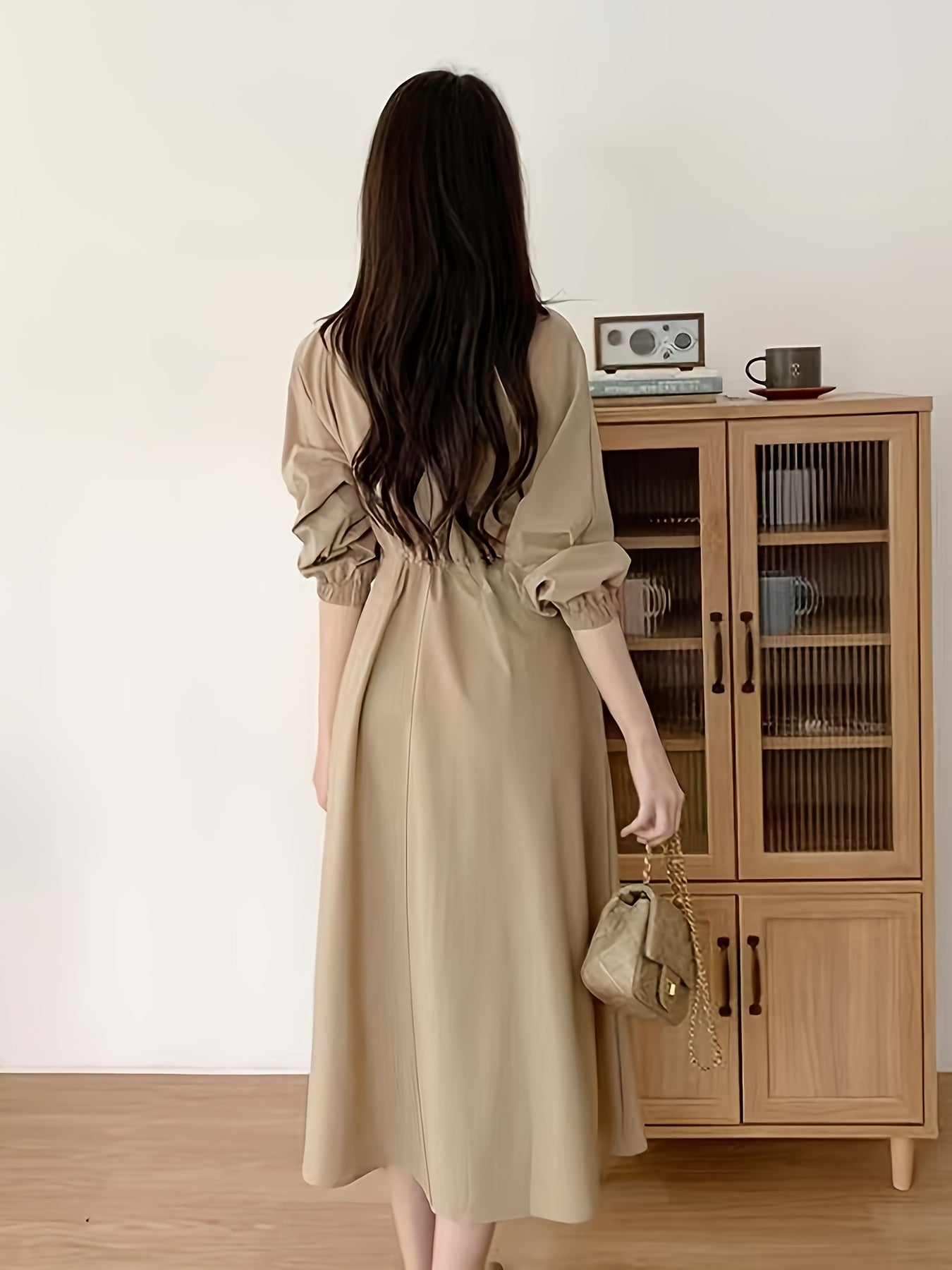 Women's Solid Color Midi Dress with Lapel Collar Zipper Pockets Long Sleeve Polyester