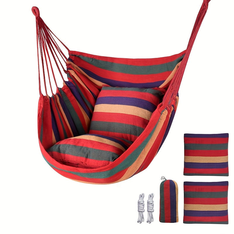2 Outdoor Hammocks with Striped Pillows Portable Foldable for Camping and Relaxation