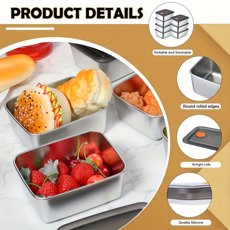 6 ta zanglamaydigan po'latdan yasalgan oziq-ovqat saqlash konteynerlari to'plami, qopqog'lar bilan, suyuqlik o'tkazmaydigan, bosiladi