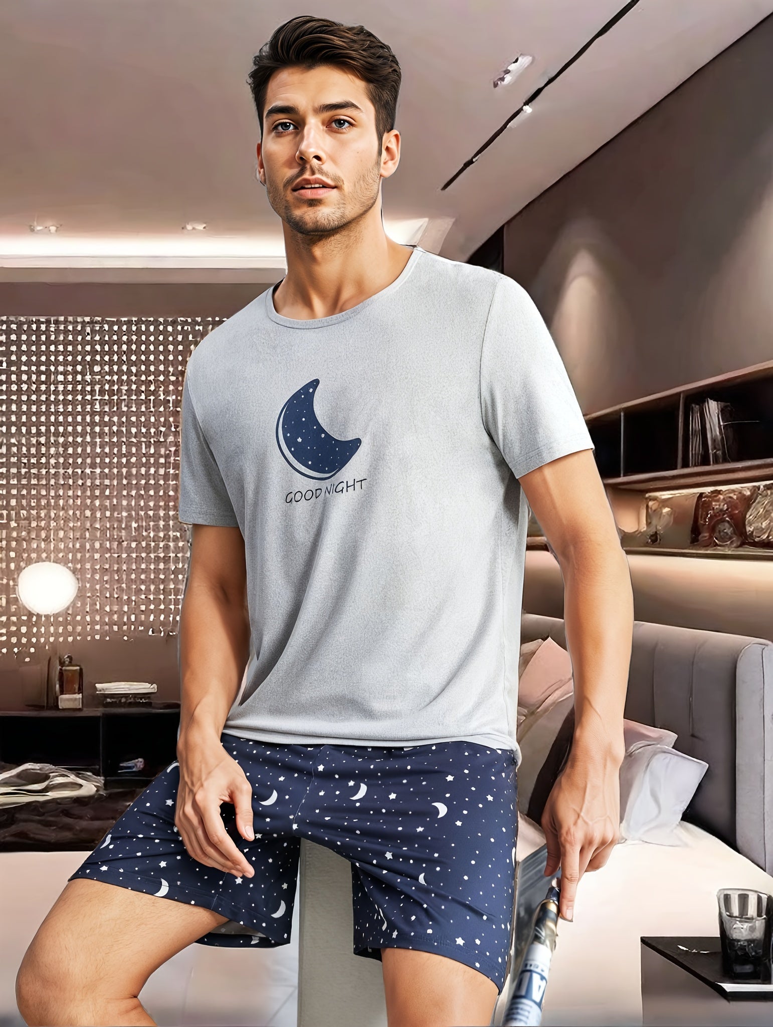 Men's Moon and Slogan Graphic Tee and Galaxy Print Pajama Set Polyester Crew Neck Regular Fit