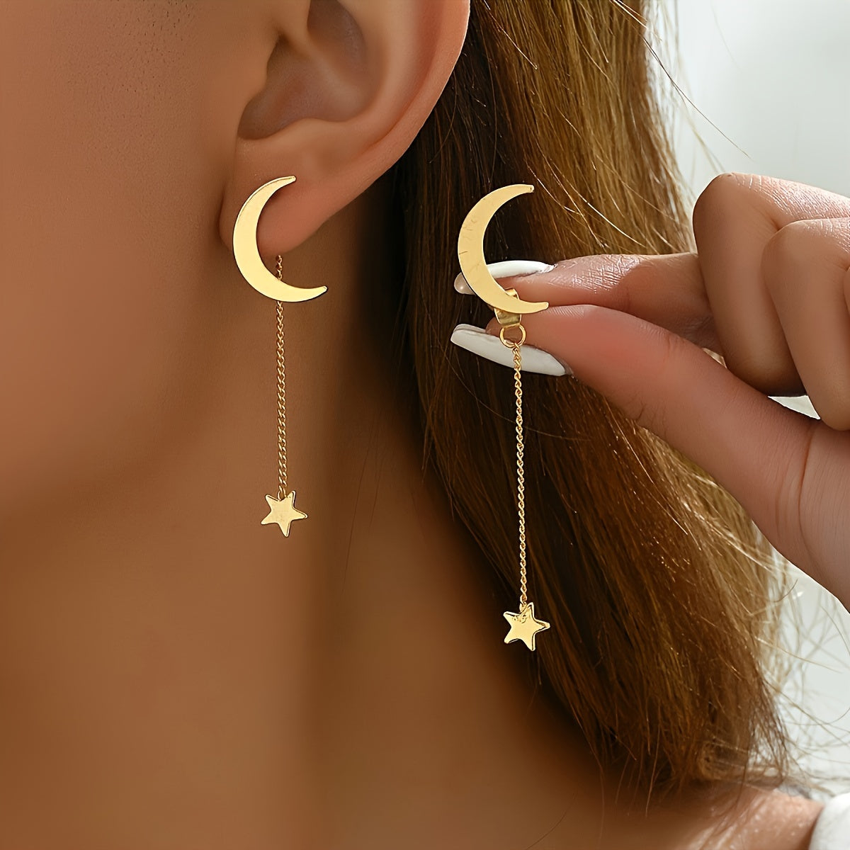 Women's Gold Star Moon Dangle Earrings Minimalist Jewelry Gift