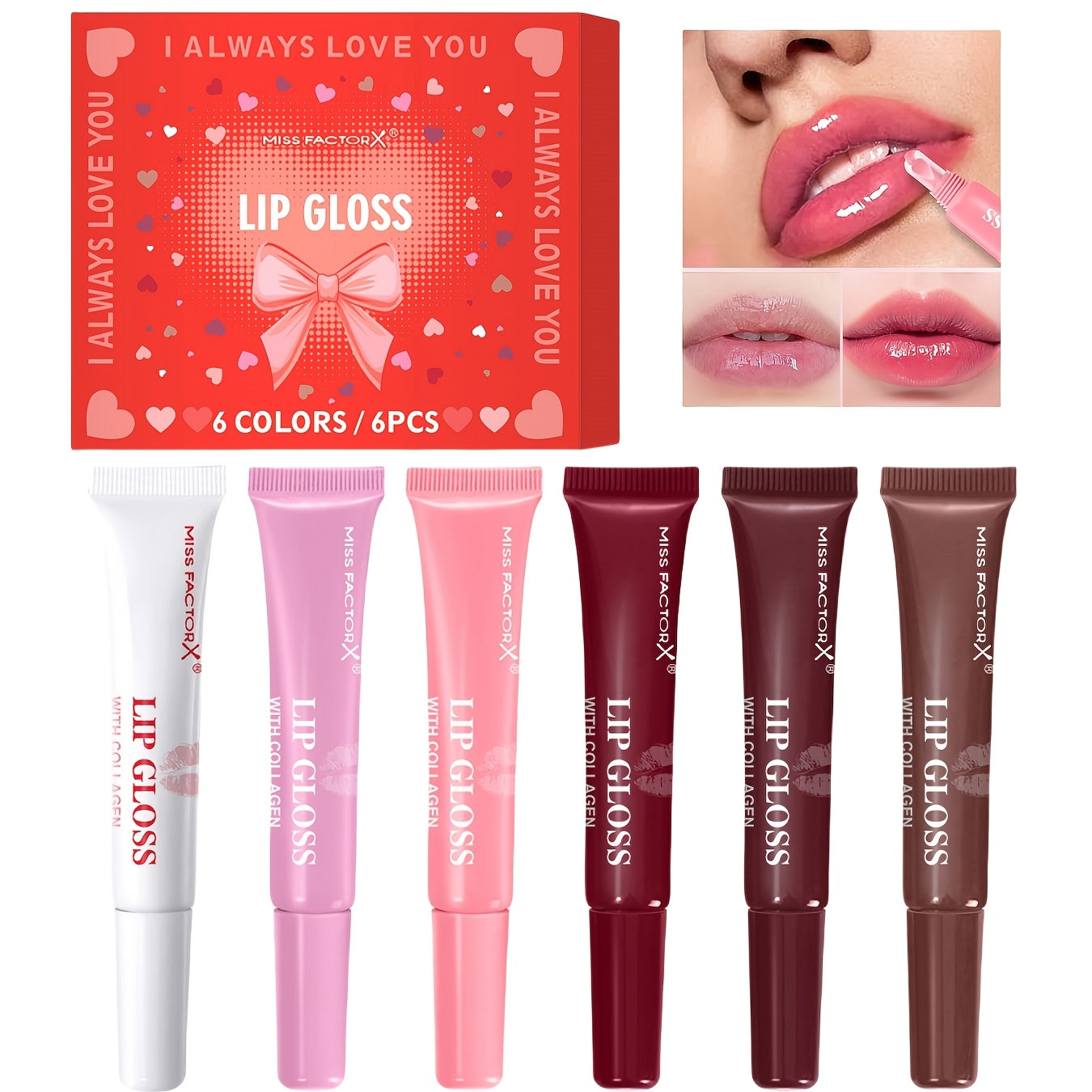 Women Lip Gloss Set 6 Pieces Hyaluronic Acid Hydrating Brightening Gift