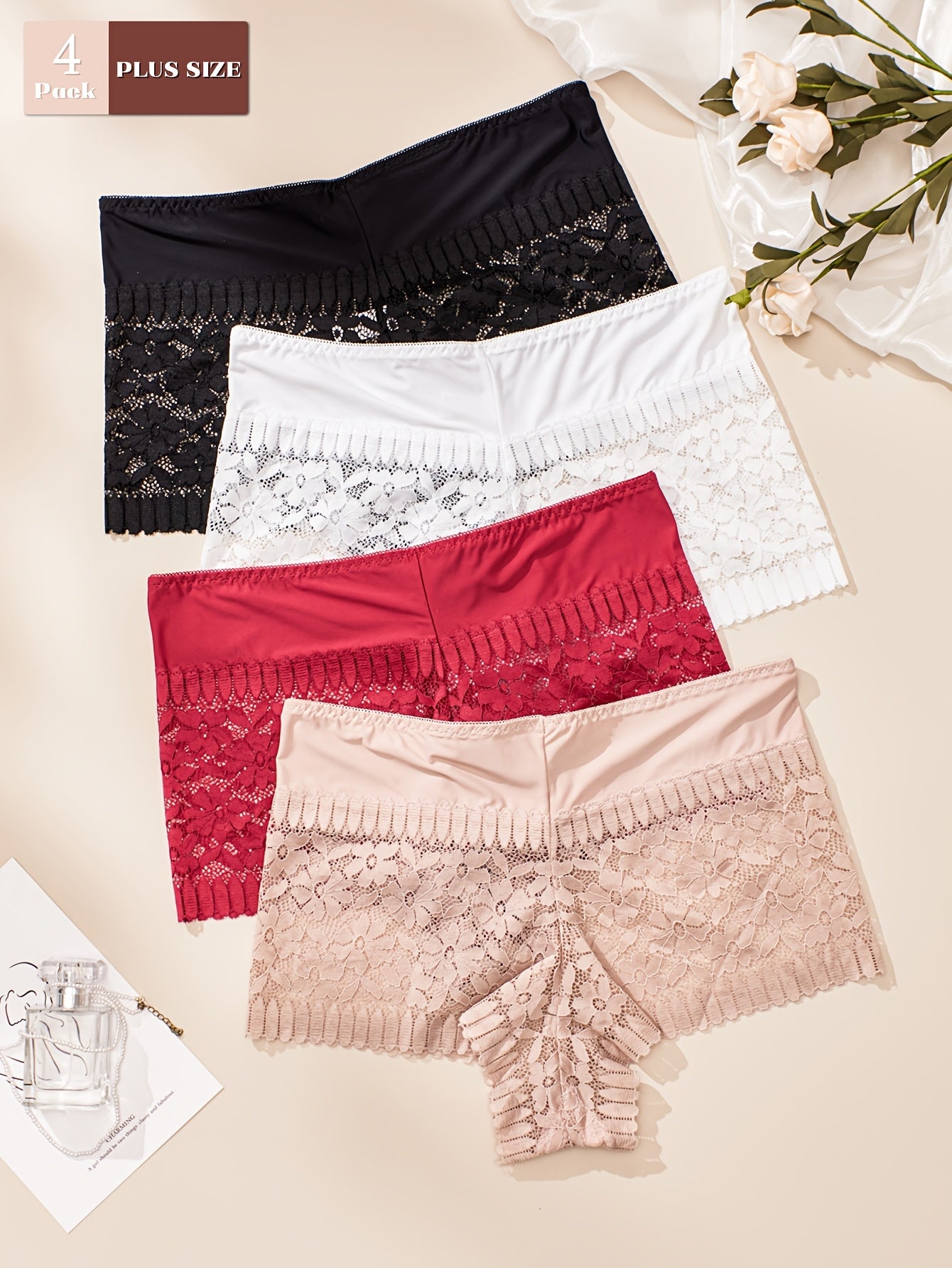 Women High-Waisted Lace Trim Boyshorts 90% Polyamide 10% Elastane Solid Color