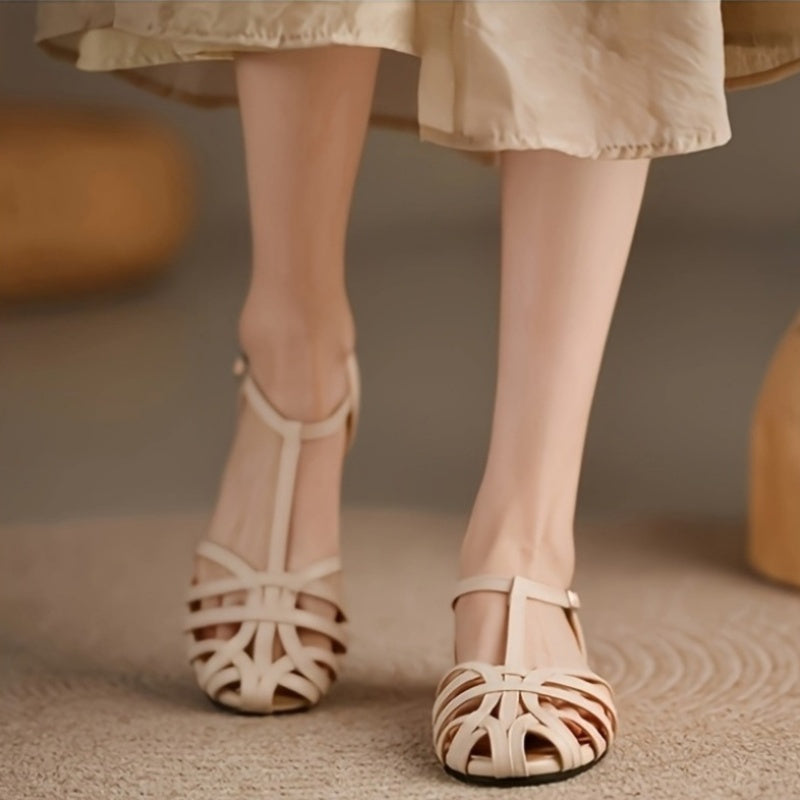 Women’s Beige Synthetic Roman Sandals with Flat Heel and Crisscross Straps