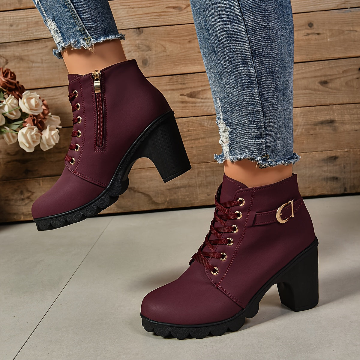 Women's Faux Cover Ankle Boots with Lace-Up, Side Zipper, Chunky Heel