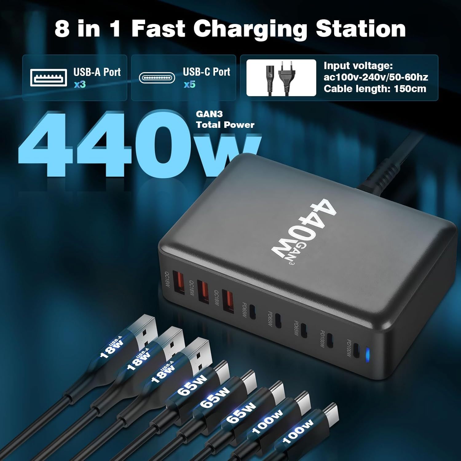 440W GaN Multi-Port Fast Charger Station with 8 USB-C and USB-A Ports European Plug