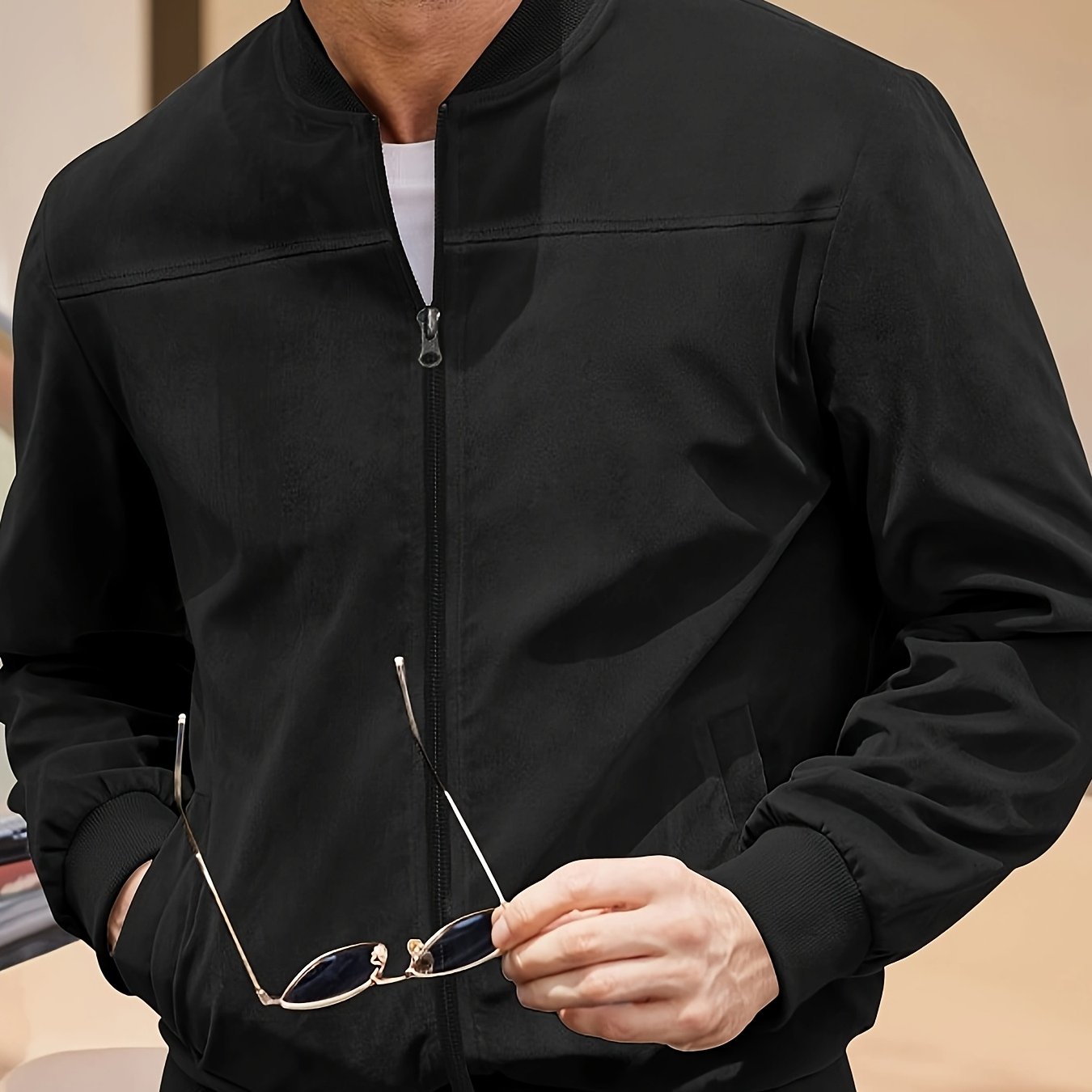 Men's Navy Blue Lightweight Polyester Jacket with Stand Collar and Full-Zip for Spring and Autumn