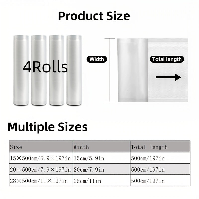 Havo chiqaruvchi qoplar 4 ta paket, 5m, teksturali, yangi saqlash va saqlash uchun, Sous Vide va ovqat tayyorlash uchun mos