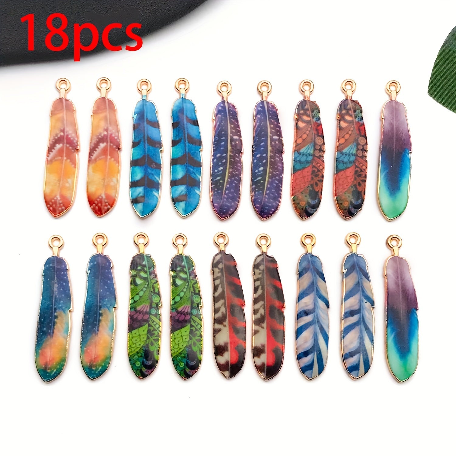 Set of 18 Vibrant Enamel Feather Charms for Jewelry Making and Crafting