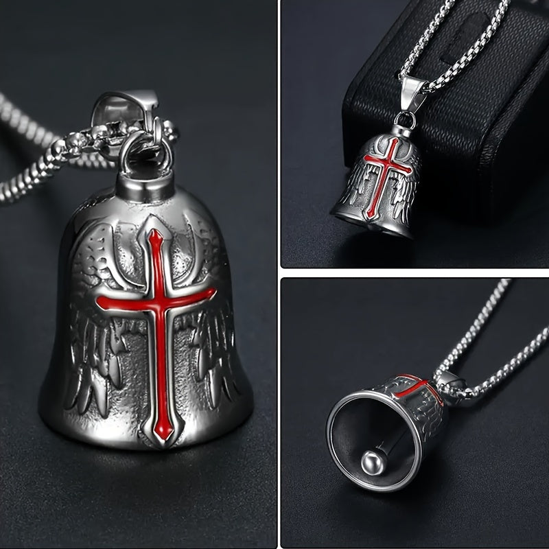 Men's Retro Punk Style Guardian Bell Motorcycle Pendant Cross Angel Wing Metal