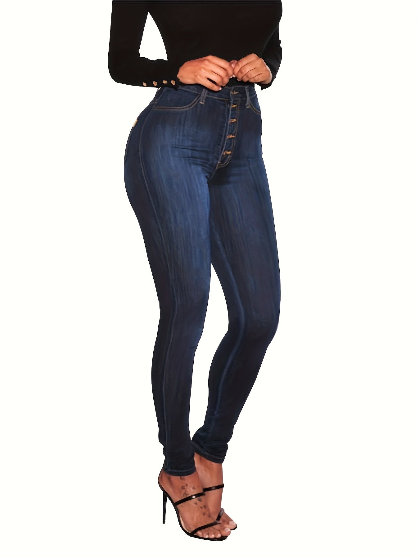 Women's High-Waist Skinny Jeans Cotton Blend Solid Color with Curve-Enhancing Fit