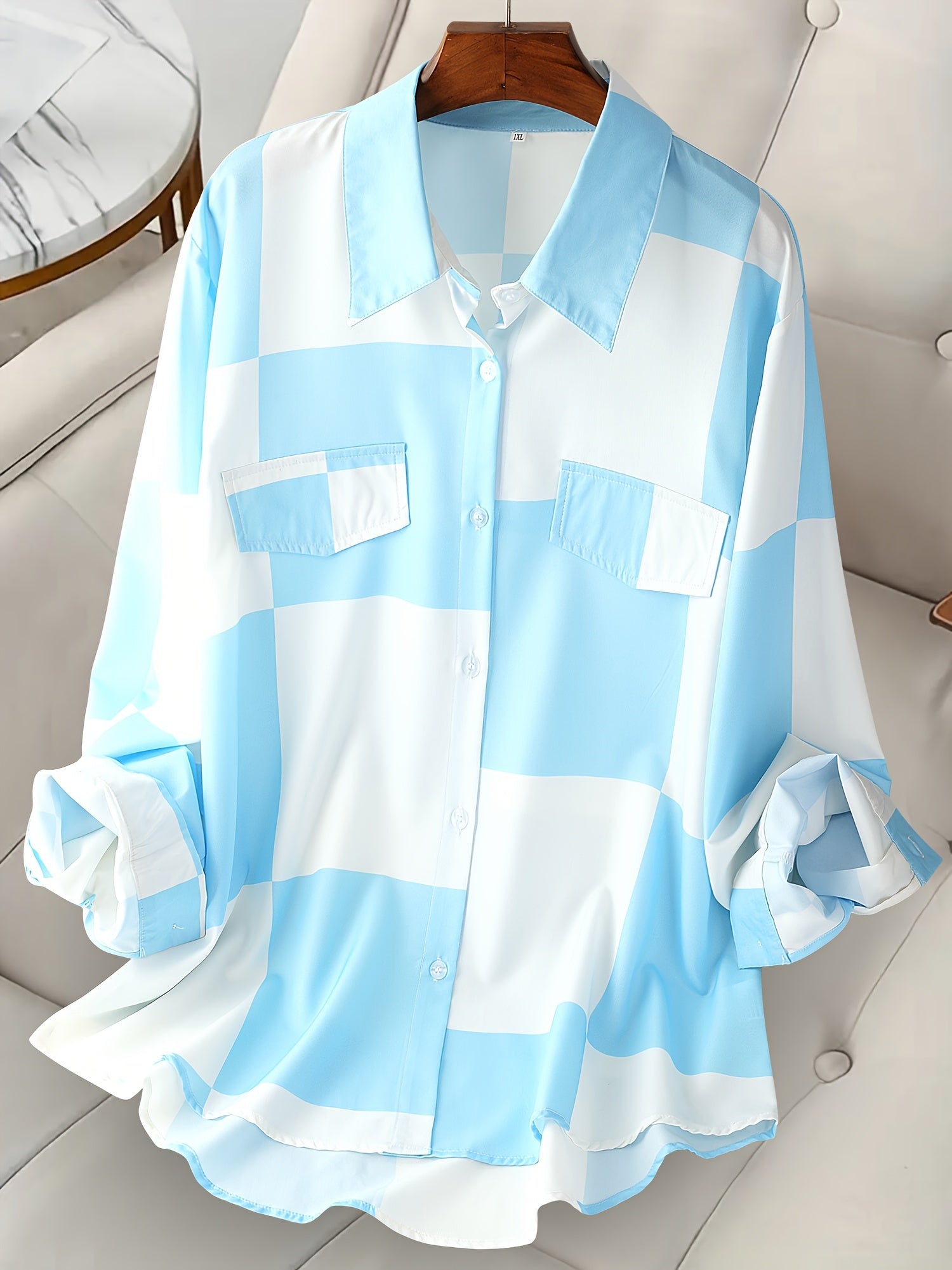 Plus Size Striped Plaid Button Front Shirt for Women Casual Spring Fall