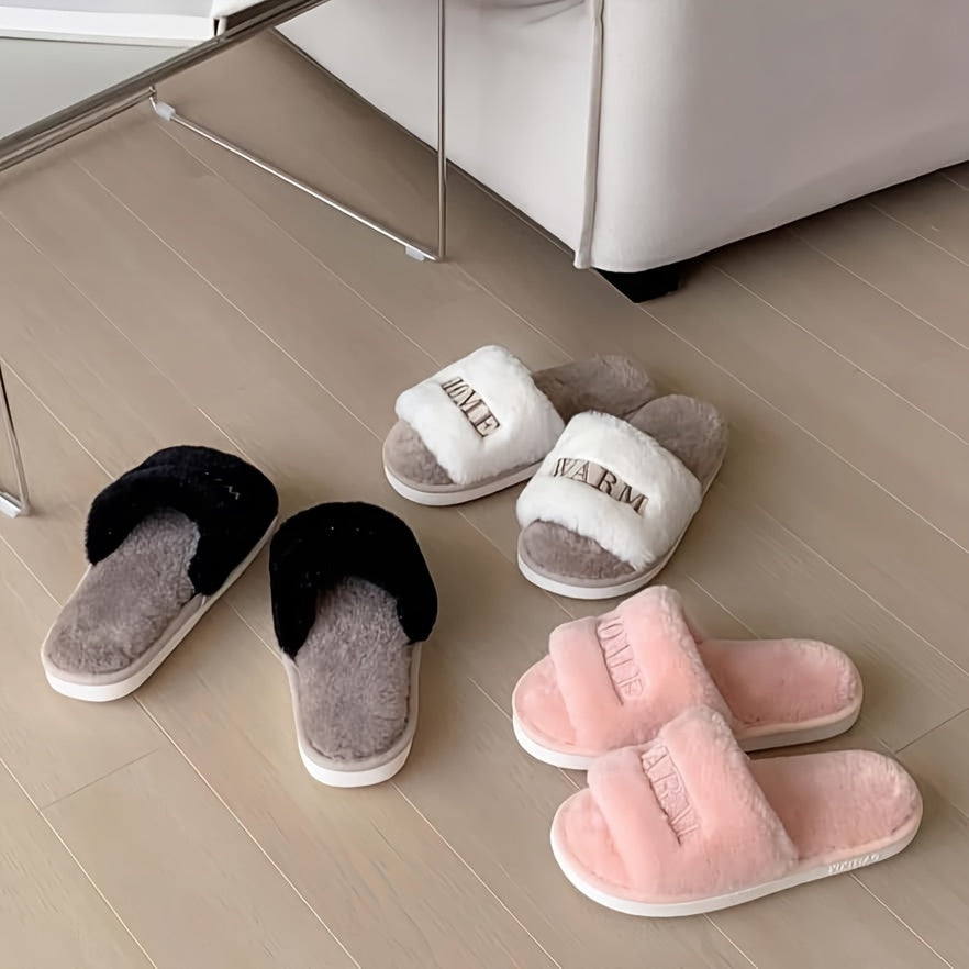 Women's Faux Fur Open-Toe Slippers for Living Room and Bedroom Warm Anti-Slip
