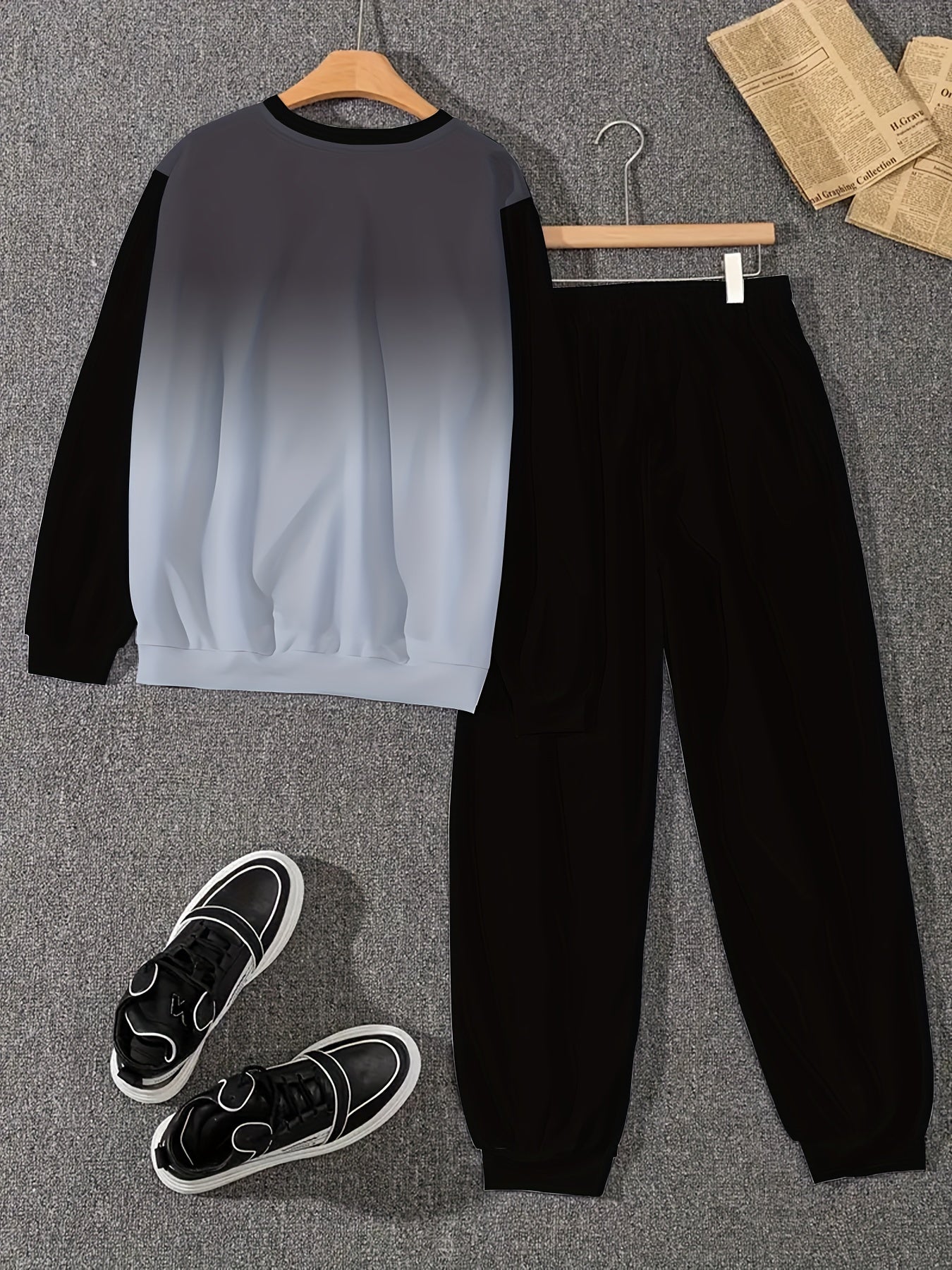 Men's Gradient Color Blocking Long Sleeve Sweatshirt and Sweatpants Set Casual Sportswear