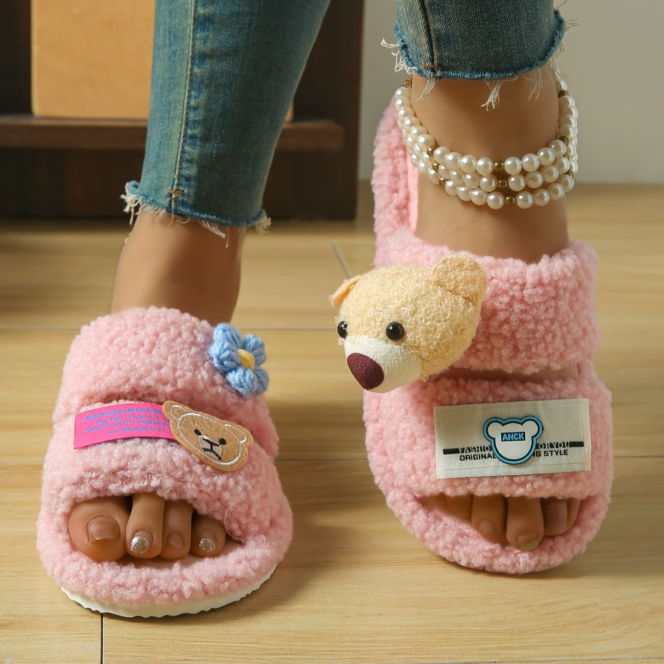 Women's Plush Cartoon Bear Slippers EVA Lightweight Open-Toe Indoor Shoes Black