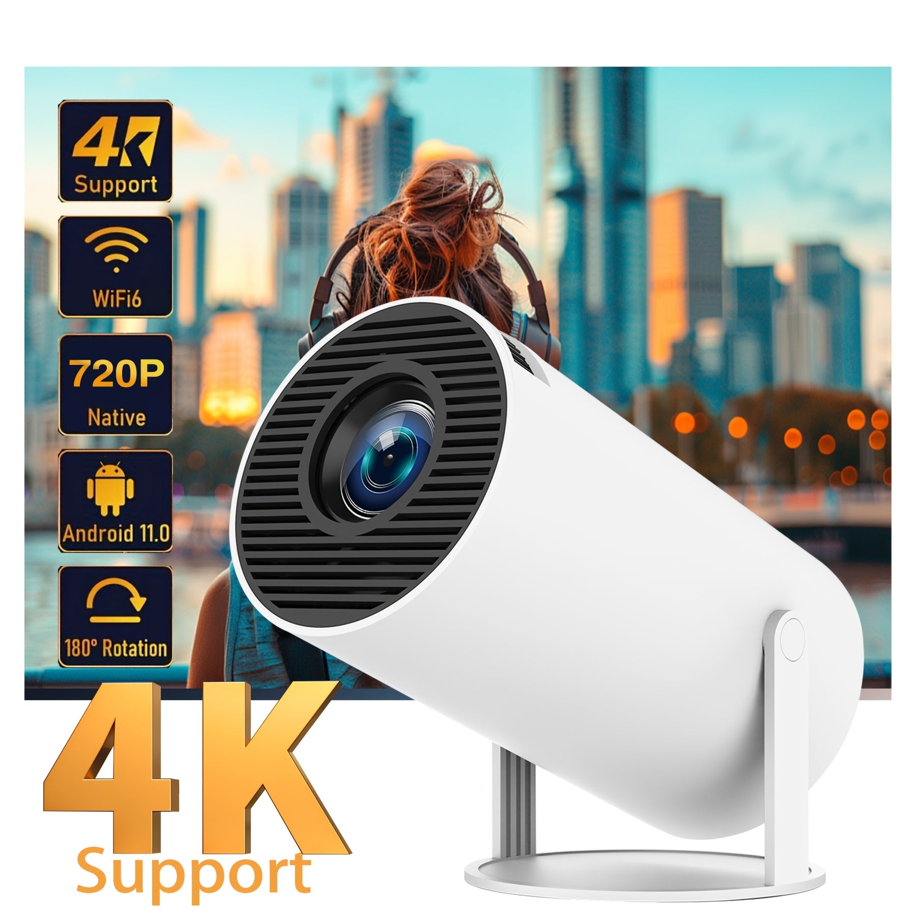 Outdoor Portable WiFi 6 Projector 4K Support 720P Native Brightness 2000 Lumens