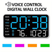 Digital Wall Clock with Voice Control Dual Alarms USB Power Temperature Display Adjustable Brightness Black