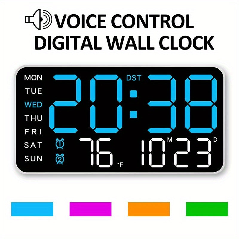 Digital Wall Clock with Voice Control Dual Alarms USB Power Temperature Display Adjustable Brightness Black