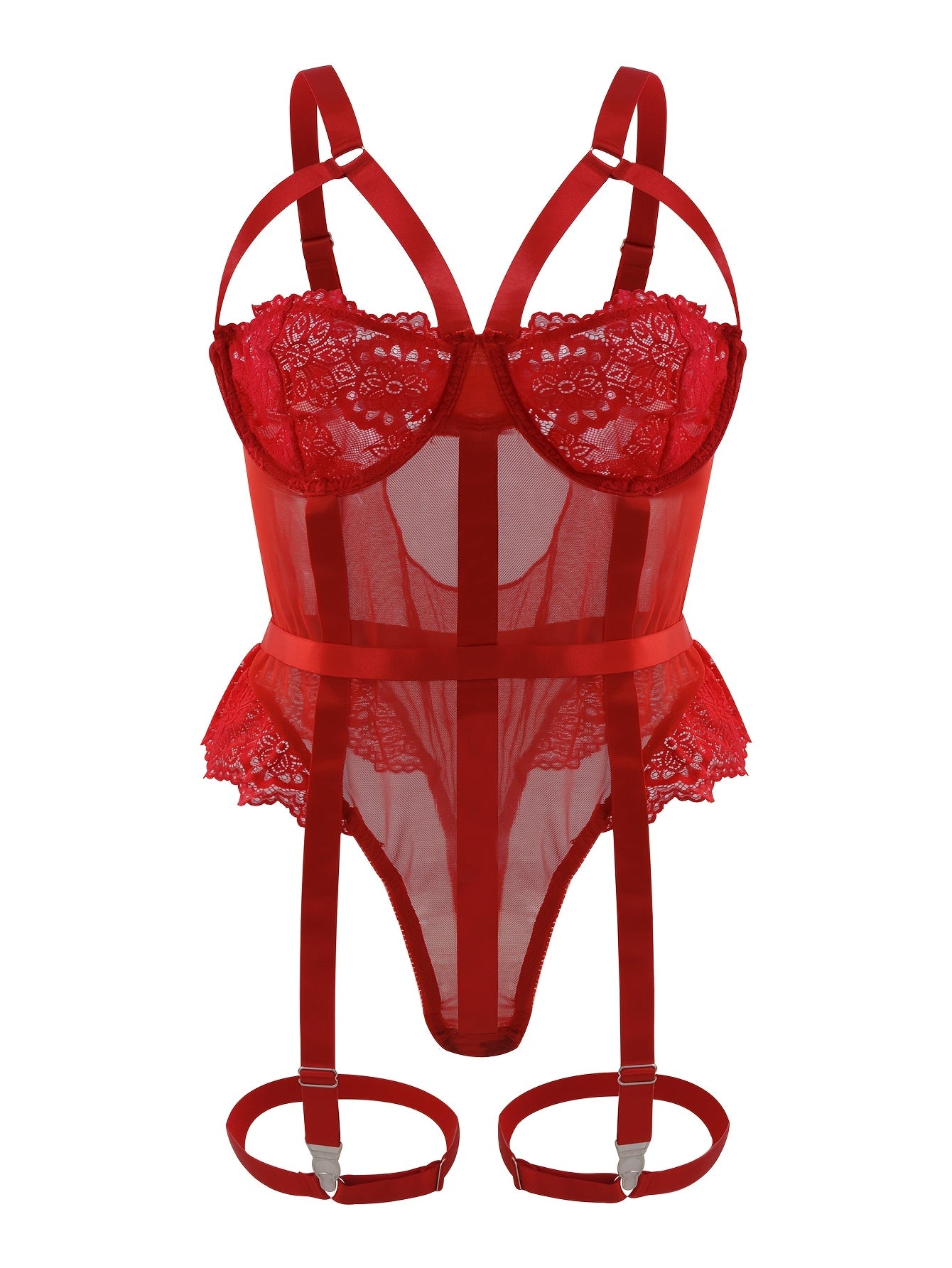 Women's Large Size Lace Bodysuit Garter Belt Leg Rings Set