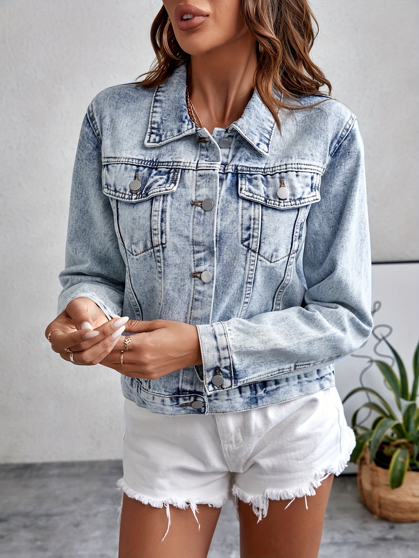 Women's Denim Jacket Solid Color Button Spring Fall Woven Cotton Blend