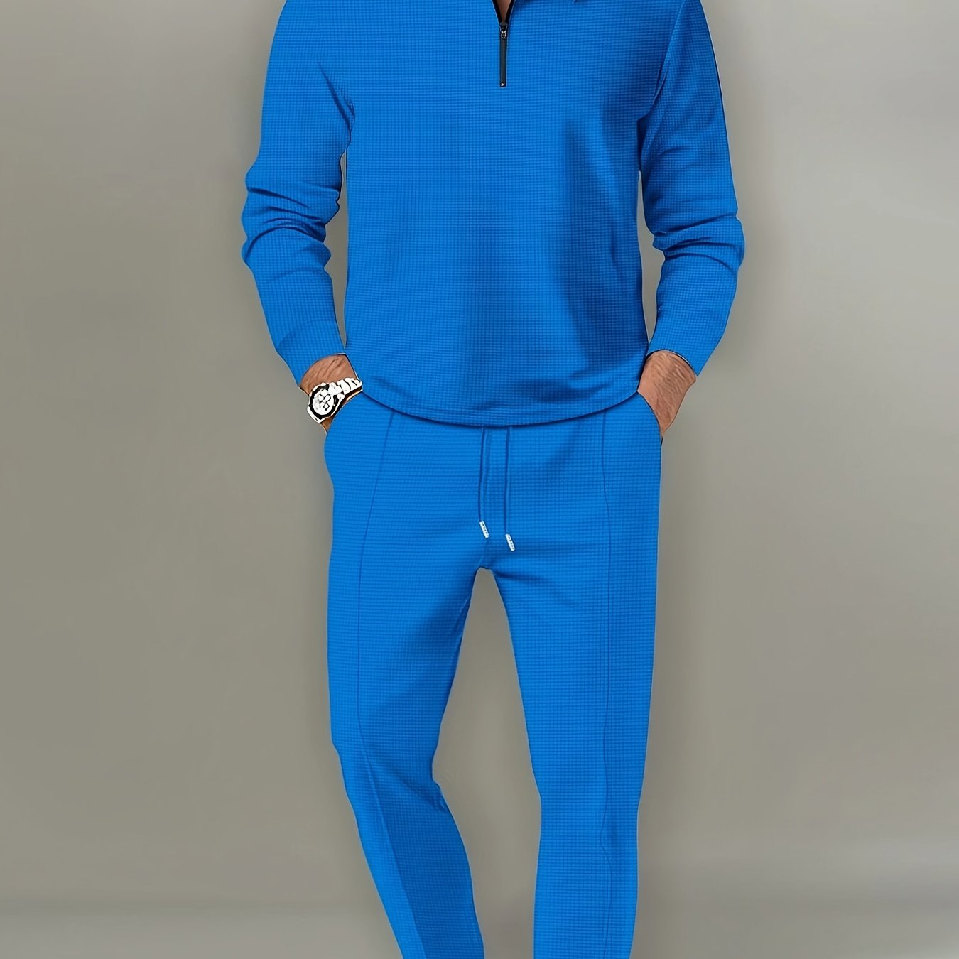 Men's Waffle Pattern Outfit Set V Neck Shirt and Sweatpants for Spring Fall