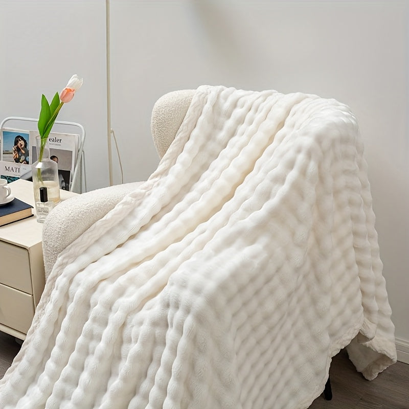 White Bubble Fleece Blanket 100% Polyester All-Season Cozy Throw for Living Room Bedroom Camping