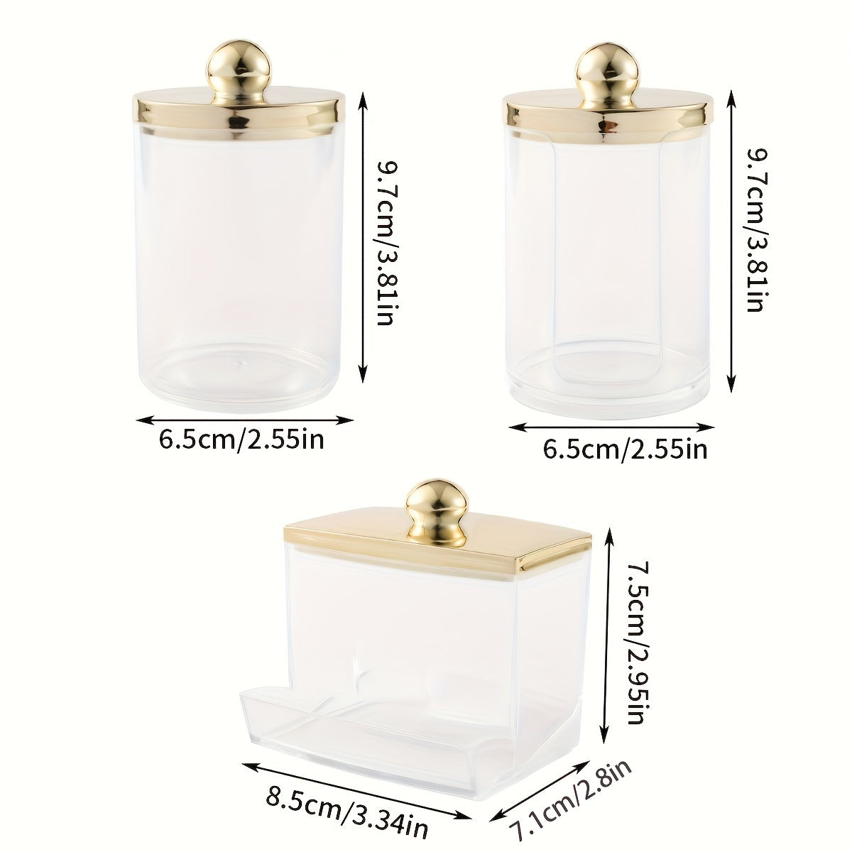 Bathroom Storage Organizer Set with 1/3 Qtips Container and Gold-Lidded 10 oz Ball Holder