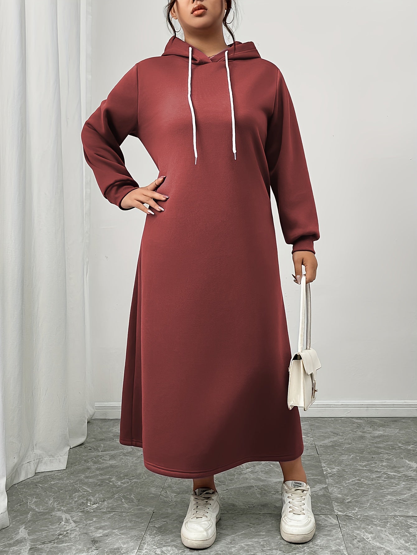 Women's Casual Wool Blend Hooded Dress Maroon Fitted Winter Wear