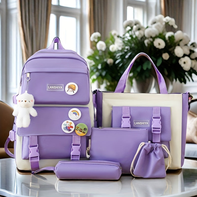 5-ta qismli maktab sumkasi to'plami, kollej uchun kanvas sumka, mo'ynali ayiqcha tanga hamyonchasi, qalam sumkasi va crossbody sumka