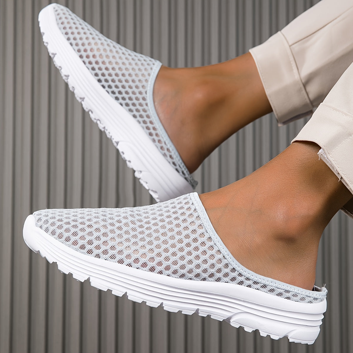 Women's Mesh Slip-On Mules White Hollow Out Lightweight Comfortable Shoes