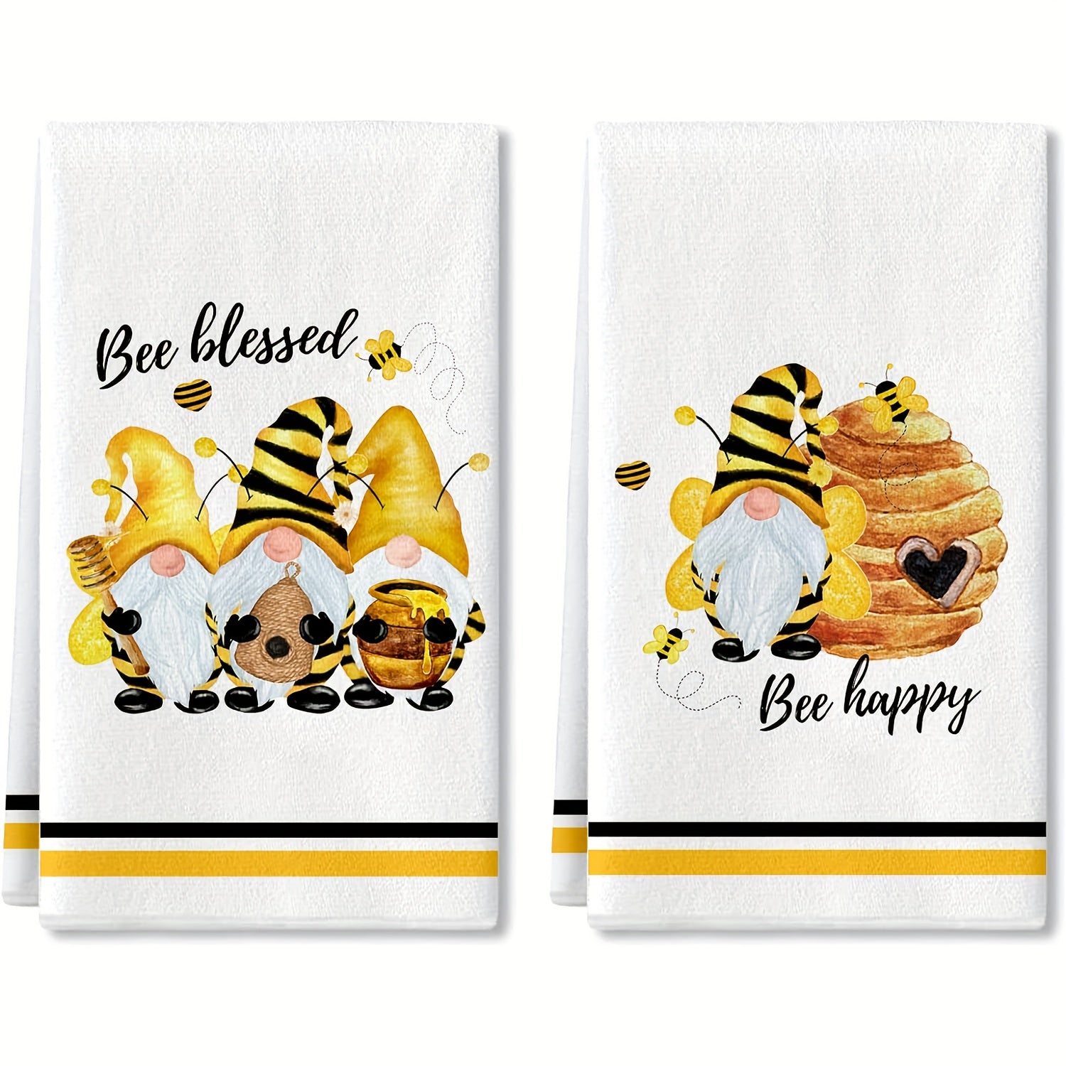 Set of 2 Gnome Bee Pattern Kitchen Towels Absorbent Soft Quick-Drying Housewarming Gift