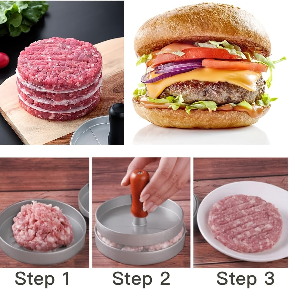 Grey Metal Burger Press with Non-Stick Coating and Wooden Handle