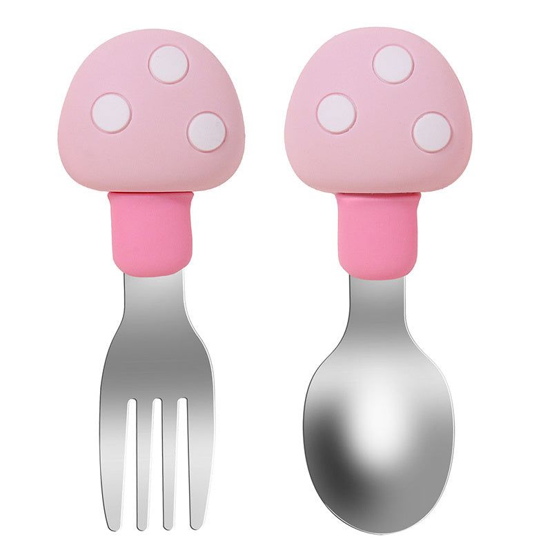 Set de utensilios de silicona para alimentar a bebés con diseño de seta, cuchara y tenedor