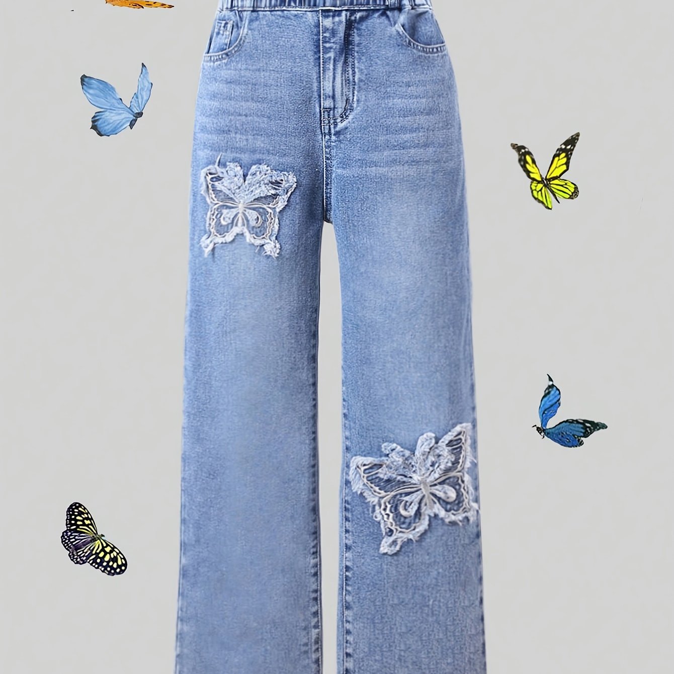 Girls Straight Leg Denim Jeans with Butterfly Embroidery Elastic Waist Casual Streetwear